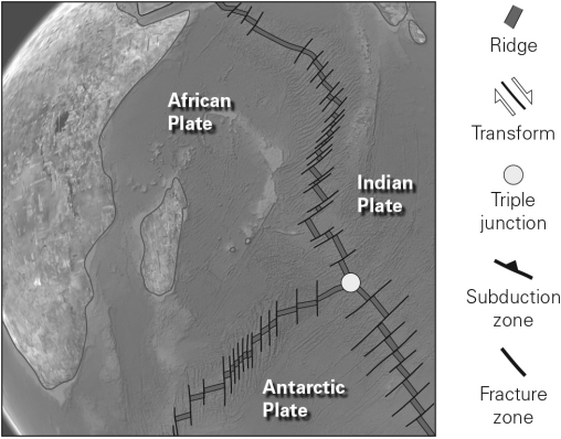 <strong>A triple junction,like the one shown below,is a place on Earth's surface where </strong> A) three volcanoes form a tight,triangular cluster. B) glacial ice,continental rocks,and the ocean can be found together. C) the boundaries of three lithospheric plates meet at a single point. D) all three of the basic rock types are found in the same location.