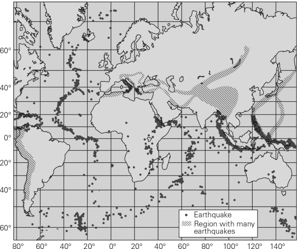 <strong>The map below depicts earthquakes,which on the ocean floor coincide most often with </strong> A) abyssal plains. B) guyots. C) mid-ocean ridges. D) seamounts.