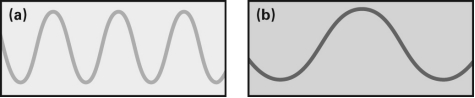 <strong>Look at the two conceptual examples of light waves shown below.These two waves </strong> A) have different wavelengths. B) have different amplitudes. C) represent the same hue (color)of light. D) travel at different velocities.