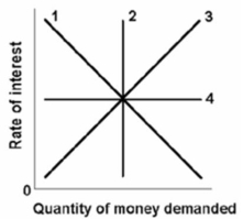 <strong> Which line in the above graph would best reflect the slope of the transactions demand for money curve?</strong> A)line 1 B)line 2 C)line 3 D)line 4
