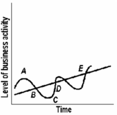 <strong> Refer to the above diagram.The straight line E drawn through the wavy lines would provide an estimate of the:</strong> A)recession fluctuation. B)growth trend. C)natural rate of unemployment. D)expansion trend.