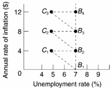 Answer the questions based on the following diagram. (a) Assume the economy is initially at point B1 and there is an increase in aggregate demand, which results in a 4% increase in prices.Describe the short-run and long-run outcomes that would result in this economy.(b) Assume the economy is initially at point B2, and there is an increase in aggregate demand.What will happen in the economy? Explain, using the graph.(c) Based on this diagram, what would the prediction be for the natural (full-employment) rate of unemployment?