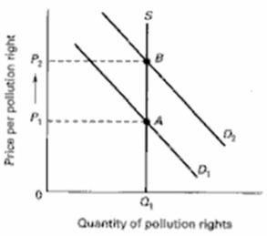 Draw a supply and demand graph on the below diagram that illustrates the market for pollution rights.Label the axes and curves.Then show what happens to price and quantity when the demand for pollution rights increases in the market.