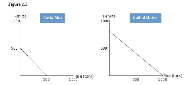 <strong>The figure below shows the production possibilities frontiers for rice and T-shirts for two countries,Costa Rica and United States.According to the figure below,in Costa Rica,the opportunity cost of 1 ton of rice is: </strong> A)1/2 of a T-shirt. B)3/4 of a T-shirt. C)1 T-shirt. D)11/2 T-shirts. E)2 T-shirts.