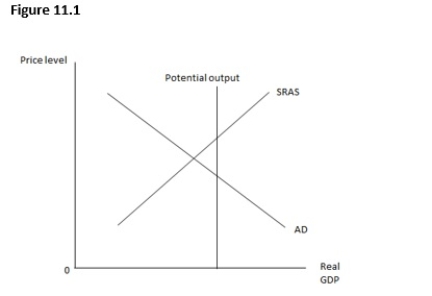 <strong>Figure 11.1 shows the relationship between the price level and the real GDP.If the government wants the economy to be at full employment,it should _____. </strong> A)increase taxes B)decrease transfer payments C)decrease government purchases D)wait for the SRAS curve to shift to the left E)increase its purchases