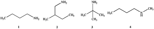<strong>Which of the following compounds are primary (1°) amines? </strong> A) 1 and 2 B) 1 and 3 C) 1, 2 and 3 D) 1, 2, 3 and 4