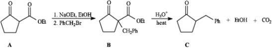 <strong>Consider the reaction sequence below to answer the following question(s). Refer to instructions. Conversion of A into B is a type of reaction termed _____.</strong> A) an acylation B) an enolation C) an alkylation D) a phenylation