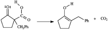 Consider the reaction sequence below to answer the following question(s). Refer to instructions. Conversion of B into C involves hydrolysis of the ester followed by decarboxylation. On the structures provided below, show the electron flow for the decarboxylation step.