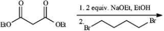 Give the major organic product(s) of each reaction or sequences of reactions for the following question(s). Show all relevant stereochemistry. Refer to instructions. a)Give major product(s): b)Why are two equivalents of Na<sup>+</sup> OEt− required?