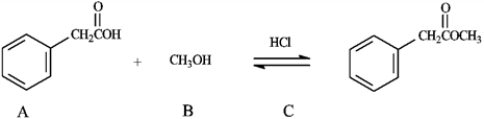 Consider the information below to answer the following question(s). The reaction of a carboxylic acid with an alcohol in the presence of acid is termed a Fischer esterification. -Refer to instructions. What would be the identity of A, B and C needed to produce the following compound?