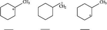 Rank the carbocations below in order of increasing stability (least stable = 1; most stable = 3). Place the number corresponding to the carbocation's relative stability in the blank below the structure.