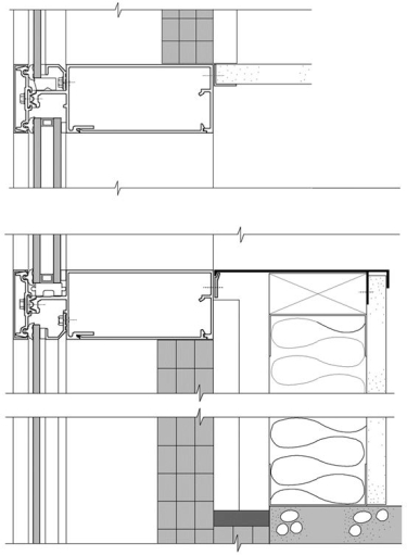 The underlying sketch shows a detailed vertical section through a pressure- plate captured glass- aluminum curtain wall. Using leader lines and labels, identify the following elements in the section: (i)ceiling, (ii)insulatio interior floor slab, (iv)rail (v)aluminum stool at sill level.  <div style=padding-top: 35px> 