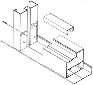 The horizontal and vertical framing members of an aluminum window are screw- fastened together through screw splines, produced by the extrusion process. The following sketch shows a typical joinery detail of vertical and horizontal framing members. Using leader lines and labels, identify all screw splines in this sketch.