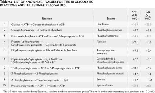 <strong>Using the table below,explain why glycolysis is an overall favorable reaction pathway. </strong> A) Overall the pathway is > 0. B) Overall the pathway is = 0. C) Overall the pathway is < 0. D) Overall the pathway is < 1.