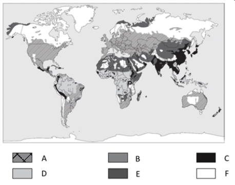 Labeling In the accompanying world food production map, choose the location that principally involves industrialized agriculture.