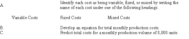 Churchill Company has the following information available regarding costs at various levels of monthly production: Required: \begin{array}{lrr} \text { Production volume } & 7,000 & 10,000 \\ \text { Direct materials } & \$ 70,000 & \$ 100,000 \\ \text { Direct labour } & 56,000 & 80,000 \\ \text { Indirect materials } & 21,000 & 30,000 \\ \text { Supervisors' salaries } & 12,000 & 12,000\\\text { Depreci ation on plant } & 10,000 & 10,000 \\ \text { Maintenance } & 32,000 & 44,000 \\ \text { Utilities } & 15,000 & 21,000 \\ \text { Insurance on plant and equipment } & 1,600 & 1,600 \\ \text { Property taxes on plant } & 2,000 & 2,000 \\ \text { Total } & \$ 219,600 & \$ 300,600 \\ \end{array}
