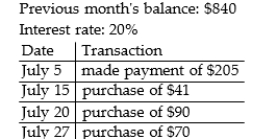 <strong>Use the average daily balance method to compute the amount of interest that will be charged at the end of the billing cycle. Use a 365-day year. Month: July (31 days) </strong> A)$10.56 B)$12.40 C)$10.66 D)$10.92