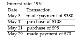 <strong>Use the average daily balance method to compute the amount of interest that will be charged at the end of the billing cycle. Use a 365-day year. Month: May (31 days)Previous month's balance: $960 </strong> A)$7.88 B)$12.35 C)$11.31 D)$8.76