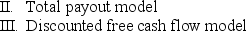 <strong>Which of the following models can be used to value a firm without explicitly forecasting that firm's dividends,share repurchases,or its use of debt? I.Dividend-discount model </strong> A)I only B)II only C)III only D)II and III E)I and II