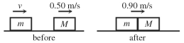 <strong>A block of mass m = 34 kg and speed V is behind a block of mass M = 81 kg and speed of as shown in the figure.The surface is frictionless and the blocks collide and couple.After the collision,the blocks have a common speed of What is the magnitude of the impulse on the 34-kg block due to the collision? </strong> A)32 N ∙ s B)14 N ∙ s C)41 N ∙ s D)57 N ∙ s E)73 N ∙ s