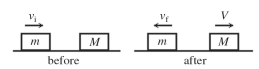 <strong>A block of mass m = 5.6 kg,moving on a frictionless surface with a velocity of to the right,collides with a block of mass M at rest,as shown in the figure.After the collision,the 5.6-kg block recoils with a velocity of to the left.If the blocks are in contact for 0.20 s,what is the magnitude of the average force exerted on the 5.6-kg block,while the two blocks are in contact? </strong> A)202 N B)192 N C)182 N D)0 N E)0 N