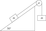 The figure shows two crates,each of mass m = 24 kg,that are connected by a very light wire.The coefficient of kinetic friction between the crate on the inclined surface and the surface itself is 0.31.Find the speed of the crates after they have moved 1.6 m starting from rest.