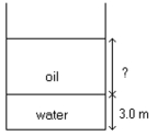 As shown in the figure,a large open tank contains a layer of oil ( density 450 kg/ )floating on top of a layer of water (density 1000 kg/m<sup>3</sup>)that is 3.0 m thick,as shown in the sketch.What must be the thickness of the oil layer if the gauge pressure at the bottom of the tank is to be