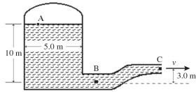 <strong>A pressurized cylindrical tank,5.0 m in diameter,contains water that emerges from the pipe at point C with a speed of as shown in the figure.Point A is 10 m above point B and point C is 3.0 m above point B.The area of the pipe at point B is and the pipe narrows to an area of at point C.Assume that the water is an ideal fluid in laminar flow.The density of water is 1000 kg/m<sup>3</sup> The mass flow rate in the pipe is closest to </strong> A)520 Kg/s. B)470 Kg/s. C)420 Kg/s. D)360 Kg/s. E)310 Kg/s.