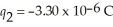 As shown in the figure,charge q<sub>1</sub> = 2.2 x C is placed at the origin and charge is placed on the at Where along the x-axis can a third charge Q = -8.30 × 10<sup>-6</sup> C be placed so that the resultant force exerted on Q is zero?
