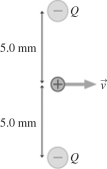 <strong>The figure shows an arrangement of two particles each having charge Q = -6.8 nC and each separated by 5.0 mm from a proton.If the two particles are held fixed at their locations and the proton is set into motion as shown,what is the minimum speed the proton needs to totally escape from these particles? (m<sub>proton</sub> = 1.67 × 10<sup>-27</sup> kg,e = 1.60 × 10<sup>-19</sup> C,k = 1/4πε<sub>0</sub> = 9.0 × 10<sup>9</sup> N ∙ m<sup>2</sup>/C<sup>2</sup>) </strong> A)2.2 × 10<sup>6</sup> m/s B)4.3 × 10<sup>6</sup> m/s C)8.3 × 10<sup>6</sup> m/s D)1.7 × 10<sup>7</sup> m/s