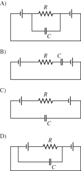 Draw a circuit with two batteries,a resistor between them,and a capacitor in parallel with the resistor.The batteries are connected negative pole to positive pole.