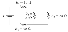 If V = 20 V and the battery is ideal,what is the current through R<sub>3</sub> in the figure?