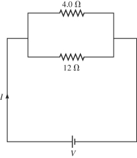 A 4.0-Ω resistor is connected with a 12-Ω resistor and this combination is connected across an ideal dc power supply with V = 6.0 V,as shown in the figure.When there is a total current I through the power supply,what is the current through the 12-Ω resistor?