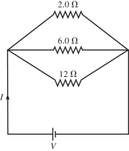 Three resistors with resistances of 2.0 Ω,6.0 Ω,and 12 Ω are connected across an ideal dc voltage source V as shown in the figure.If the total current through the circuit is I = 2.0 A,what is the applied voltage V?