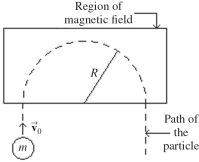 In the figure,a small particle of charge -1.9 x C and mass has speed as it enters a region of uniform magnetic field.The particle is initially traveling perpendicular to the magnetic field and is observed to travel in the semicircular path shown with radius R = 5.0 cm.Find the magnitude and direction of the field in the region.