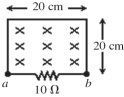 <strong>As shown in the figure,a wire and a 10-Ω resistor are used to form a circuit in the shape of a square with dimensions 20 cm by 20 cm.A uniform but non-steady field is directed into the plane of the circuit.The magnitude of the field is steadily decreased from 2.70 T to 0.90 T in a time interval of 96 ms.What is the induced current in the circuit,and what is its direction through the resistor? </strong> A)75 mA, from b to a B)45 mA, from b to a C)75 mA, from a to b D)45 mA, from a to b E)110 mA, from a to b