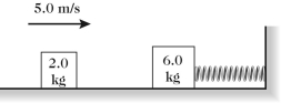 A 2.0 kg box is traveling at 5.0 m/s on a smooth horizontal surface when it collides with and sticks to a stationary 6.0 kg box.The larger box is attached to an ideal spring of force constant (spring constant)150 N/m,as shown in the figure.Find (a)the amplitude of the resulting oscillations of this system,(b)the frequency of the oscillations and (c)the period of the oscillations.
