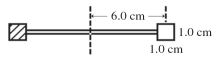 A radiometer has two square vanes (1.0 cm by 1.0 cm),attached to a light horizontal cross arm,and pivoted about a vertical axis through the center,as shown in the figure.The center of each vane is 6.0 cm from the axis.One vane is silvered and it reflects all radiant energy that falls upon it.The other vane is blackened and it absorbs all incident radiant energy.Radiant energy,having an intensity of 300 W/m<sup>2</sup>,is incident normally upon the front surfaces of both vanes.What is the radiant power absorbed by the blackened vane?