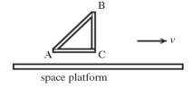 The figure shows a right-angled construction frame ABC.When measured at rest,it has dimensions as follows: AB = 18.9 m,AC = 10.0 m,and BC = 16.0 m.This frame is now given a new velocity of 0.420c,relative to Earth,in a direction parallel to AC.How long is part BC of this frame with the new velocity as measured by Earth-based engineers?