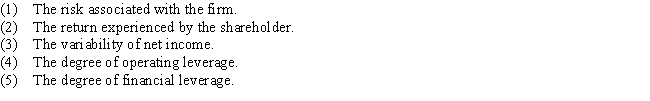 <strong>The use of financial leverage by the firm has a potential impact on which of the following? </strong> A) 1,3,5 B) 1,2,5 C) 2,3,5 D) 2,3,4,5 E) 1,2,3,5