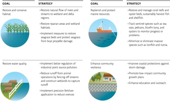 Refer to Infographic 9.Choose three strategies from the Gulf of Mexico Regional Ecosystem Restoration plan.Explain what the goals of those strategies are and,if implemented,how the strategies will help reach those goals.