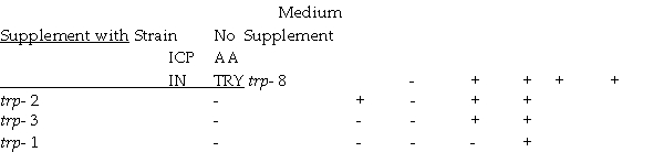 The following table presents the effect of different media on the growth response of tryptophan mutations in Salmonella typhimurium + = growth,- = no growth). a)Construct the biochemical pathway for the compounds IGP,AA,IN,and TRY based on these data. b)Place strains of bacteria mutations)in the appropriate steps in the pathway. c)In bacteria it is often possible to make partial diploid strains.Assume that a diploid strain was made contain complete genomes of the trp- 2 and trp- 1 strains.Would this diploid strain be able to grow on the unsupplemented medium? Explain your answer.