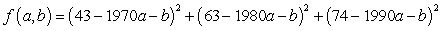 <strong>For a region, the percentage of adults 20-24 years of age that have not been married is given in the table below. Use the method of least squares to find the multivariable function f with inputs a and b for the best fitting line where x is the number of years since 1970. </strong> A) B) C) D) E)