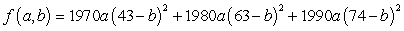 <strong>For a region, the percentage of adults 20-24 years of age that have not been married is given in the table below. Use the method of least squares to find the multivariable function f with inputs a and b for the best fitting line where x is the number of years since 1970. </strong> A) B) C) D) E)
