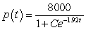 <strong>The number of patents issued for a certain product between 1950 and 1970 was increasing with respect to time at a rate jointly proportional to the number of patents already obtained and to the difference between the number of patents already obtained and the carrying capacity of the system. The carrying capacity was approximately 8000 patents, and the constant of proportionality was about 0.00024. By 1960, 4000 patents had been obtained. Find the general solution for the number of patents t years after 1950.</strong> A) patents B) patents C) patents D) patents E) patents
