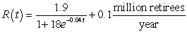 <strong>Using data from the U.S. Bureau of the Census, the model gives the projected rate of change in the number of people within one year of retirement, where t is the number of years since 1940, for the years between 1940 and 2050. Use the equation and ten midpoint rectangles to estimate, to four decimal places, the change in the population within one year of retirement or older from the end of 2037 through the end of 2042.</strong> A) 10.0000 million retirees B) 7.6075 million retirees C) 7.5896 million retirees D) 7.6608 million retirees E) 7.6783 million retirees