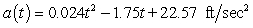 The acceleration of a race car during the first 25 seconds of a road test is modeled by where t is the number of seconds since the test began. Assume the velocity and distance were both zero at the beginning of the road test. Calculate, to three decimal places, the average acceleration during the first 25 seconds of the road test.