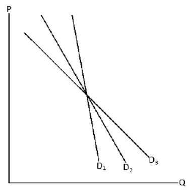 Exhibit 5-17 Consider Exhibit 5-17.Demand curves D<sub>1</sub>, D<sub>2</sub> and D<sub>3</sub> represent the demand for food, apples and fruit.Which represents which?