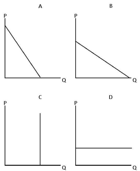Exhibit 5-27 Consider Exhibit 5-27.Which graph depicts neither a perfectly elastic nor a perfectly inelastic demand?