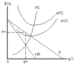 <strong>Exhibit 10-2   Consider Exhibit 10-2.If the firm is charging price P* for output q*, then in order to minimize loss in the short run, the firm should</strong> A)shut down because price is greater than average variable cost B)shut down because price is greater than marginal cost C)shut down because price is less than average variable cost D)continue to produce because price is greater than average variable cost E)continue to produce because price is greater than marginal cost <div style=padding-top: 35px> 